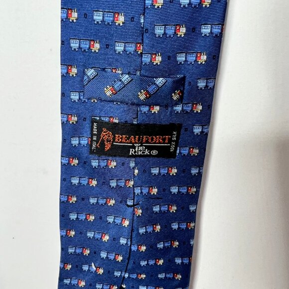 Beaufort Tie Rack Men’s Neck Tie Silk Blue w/ Colorful Trains Long Necktie Italy - Picture 9 of 12
